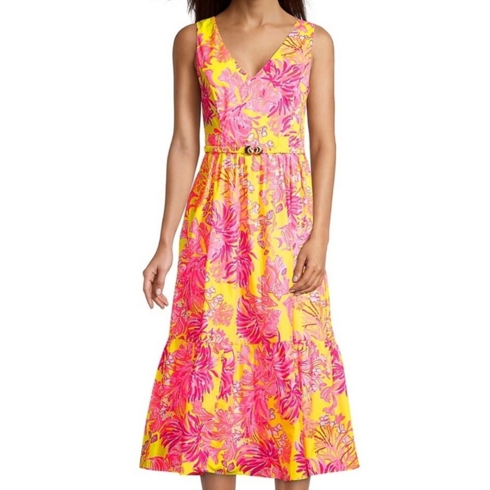 NWT Lilly Pulitzer Bre V Neck Cotton Midi Dress Calla Yellow Floral Coral Size 8 - Picture 2 of 9